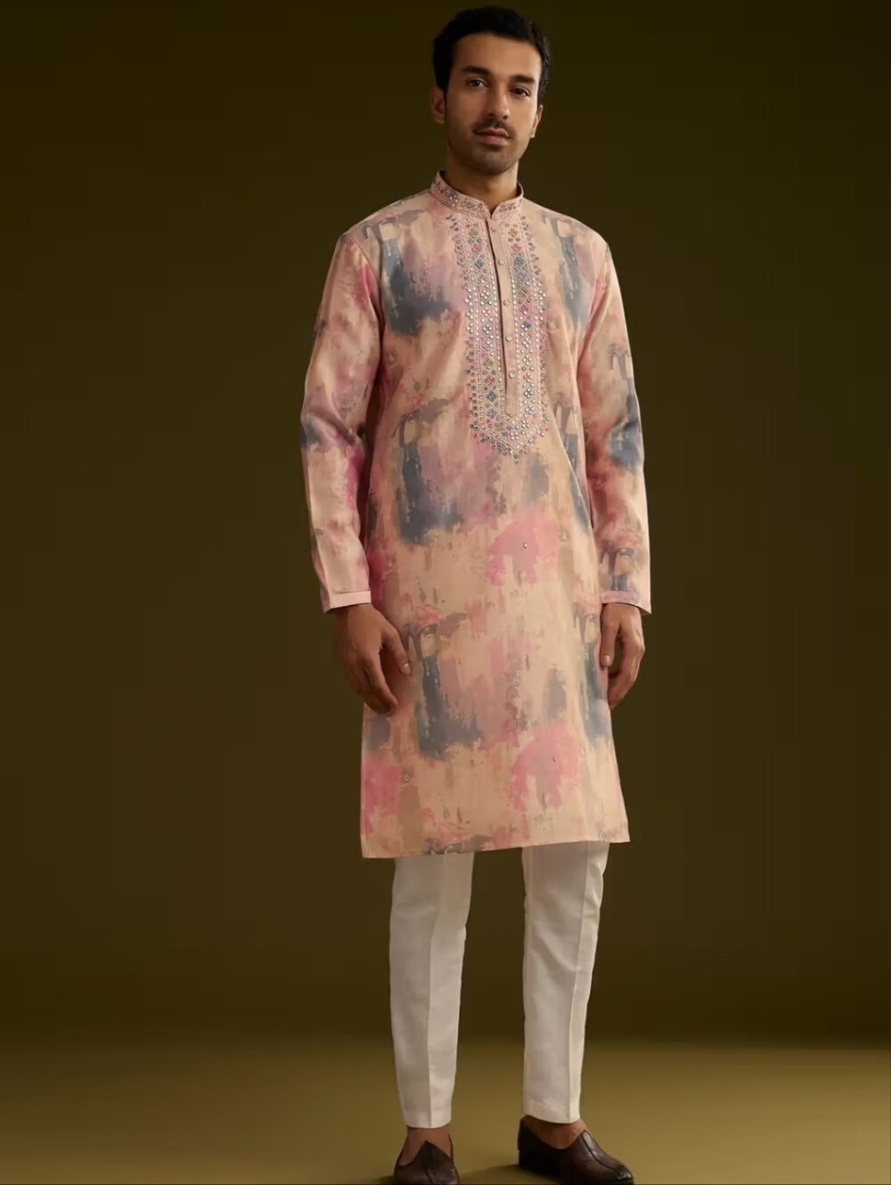 Kalki Men's Pastel Pink & Blue Embroidered Kurta